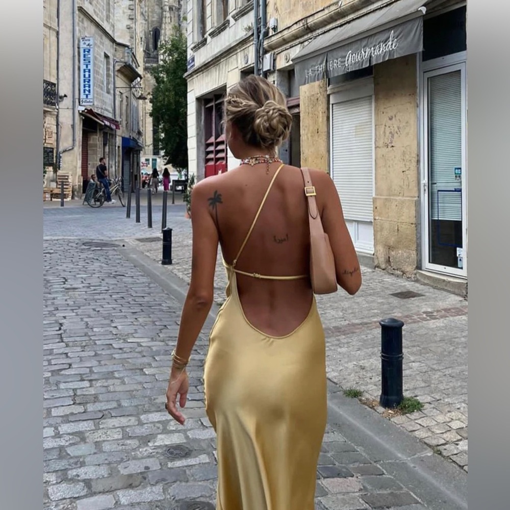 Moonlight Open Back Satin Slit Long Dress